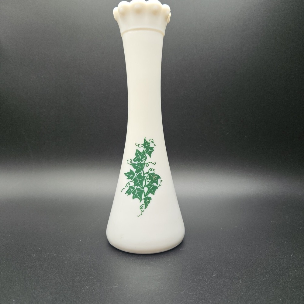 Vintage Hazel Atlas Ivy Medallion Milk Glass Flower Vase Anchor Hocking EUC